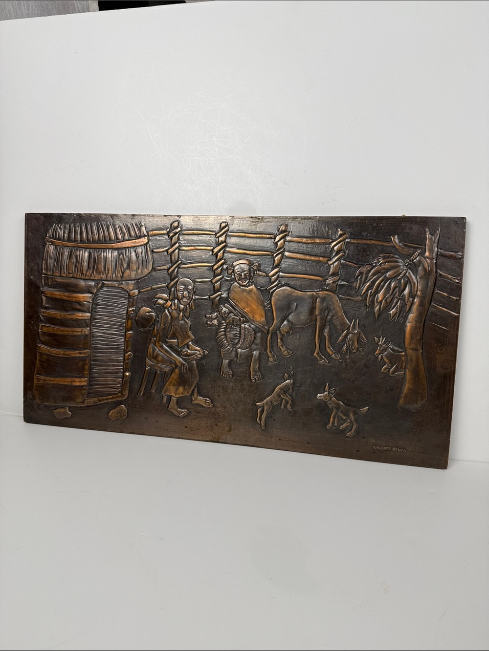 Handcrafted Bronze Relief Wall Art - Rustic Village Scene, Brown